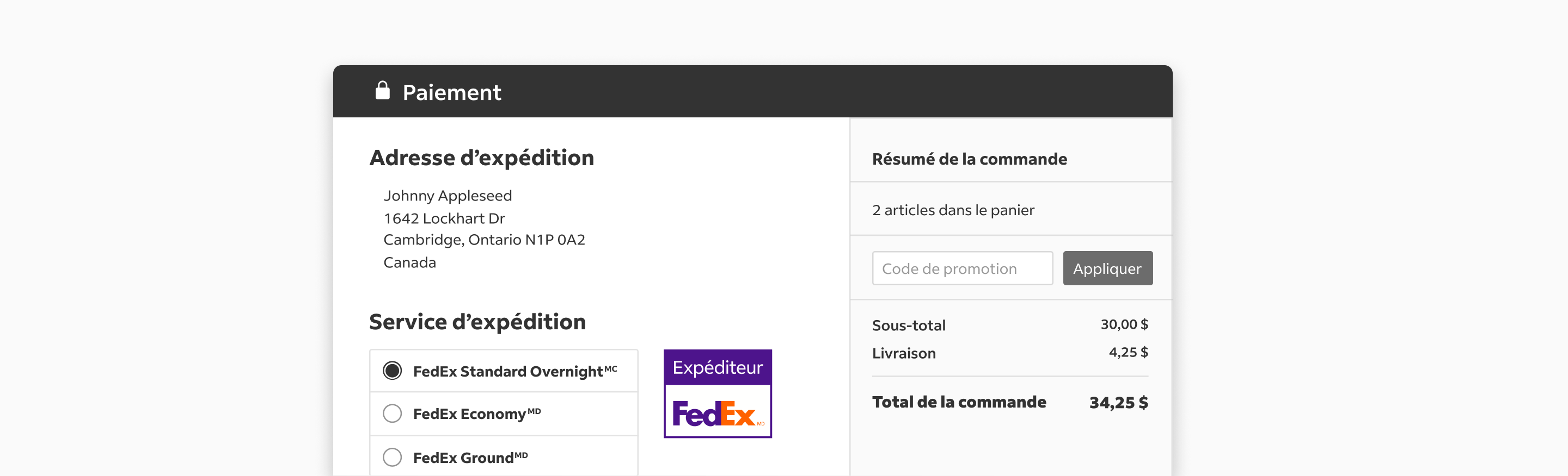 page de paiement avec le logo FedEx