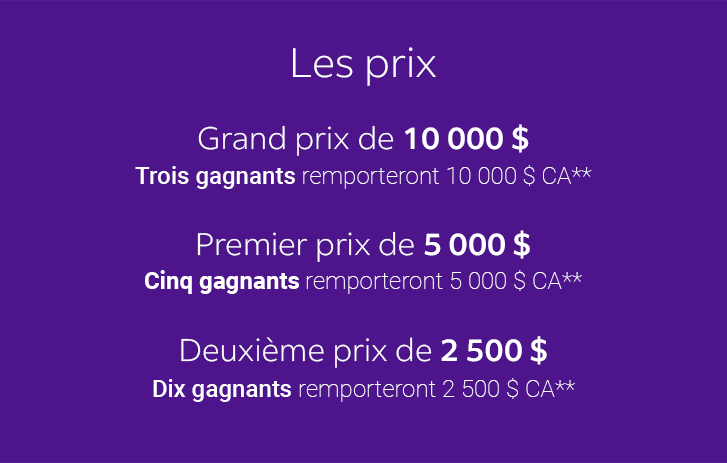 Les prix : grand prix de 10 000 $ (3); premier prix de 5 000 $ (5); deuxième prix de 2 500 $ (10)