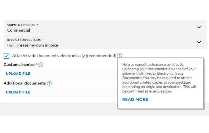 Customs documentation screenshot