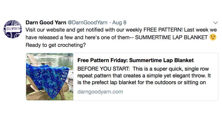 A photo of a post from Darn Good Yarn's Twitter account with their weekly free pattern