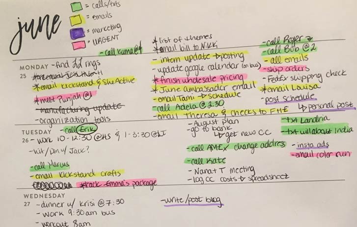 A photo of a color-coded to-do list