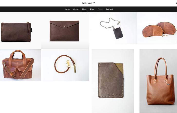 A screen shot of the website Marked showing leather products