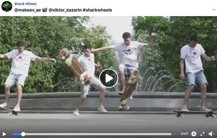 A photo of a video post from Shark Wheel's Instagram account, showing four men skateboarding