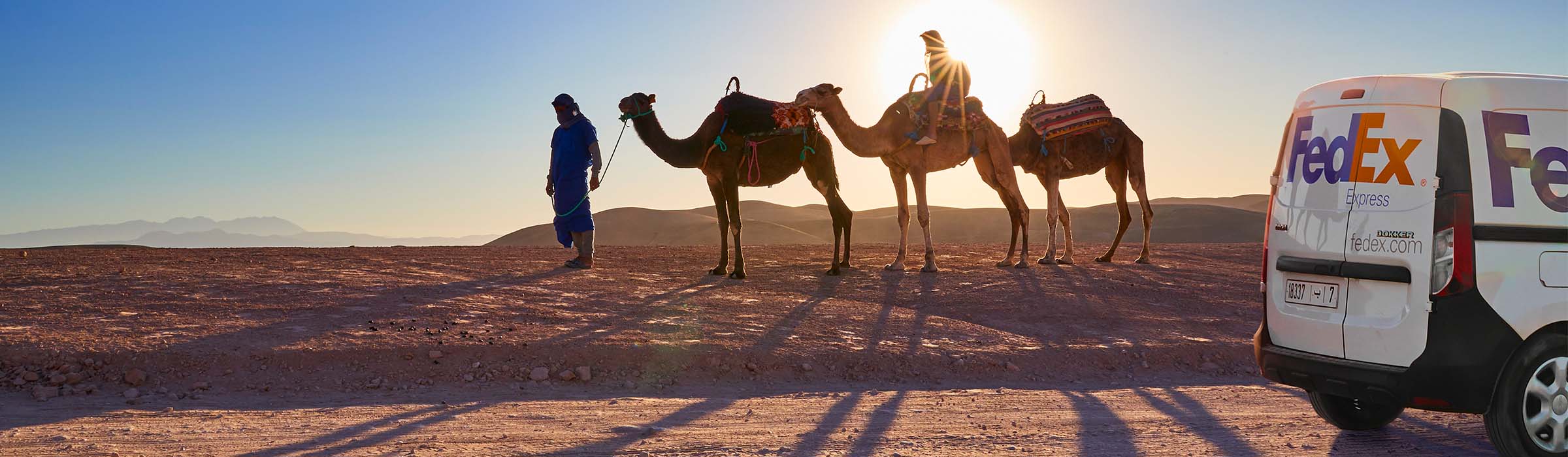 FedEx truck passing by camel caravan in Morocco.