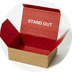 Image of a box with red decorative printing inside. The words "stand out" is written on the inside box lid in white lettering.