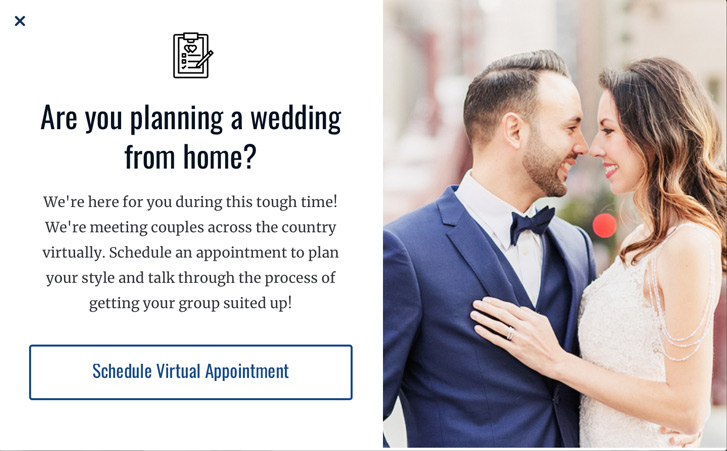 image showing example of how SuitShop changed messaging to reach customers during coronavirus impact. " Are you planning a wedding from home?..."