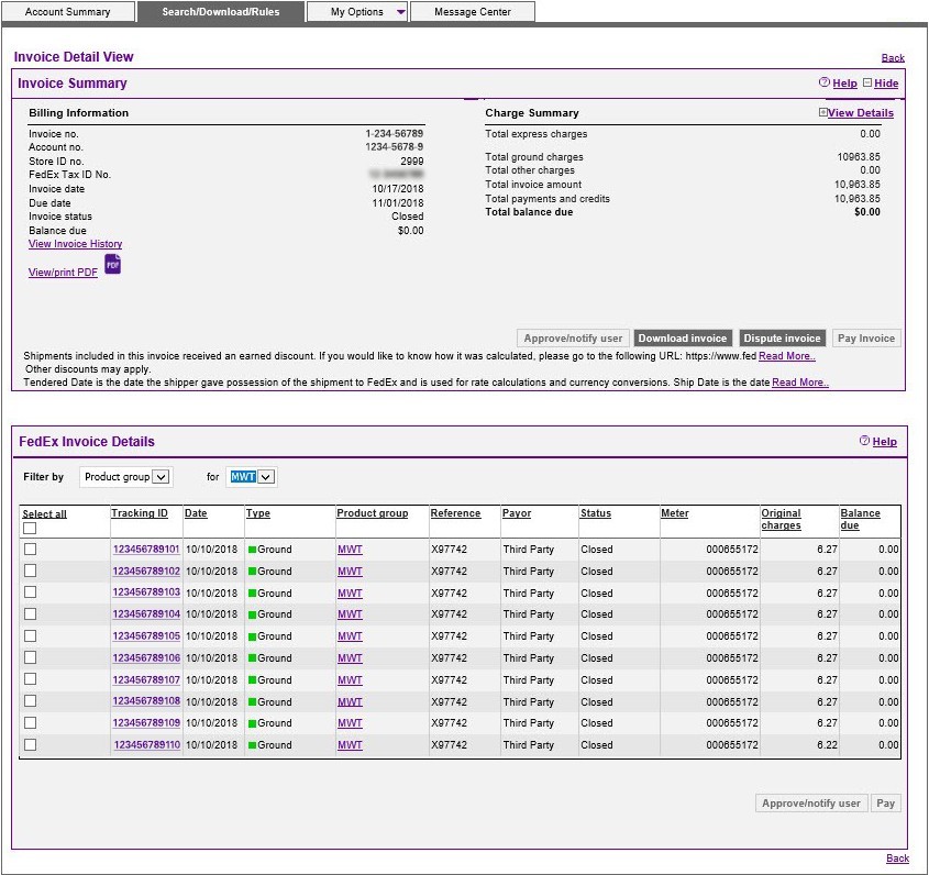 FedEx Billing Online Invoice Detail View