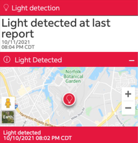 SenseAware screen displaying light-detection data on a map.