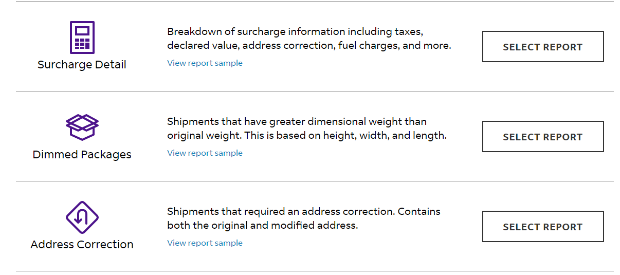 New surcharge detail, dimmed packages, and address correction reports are available