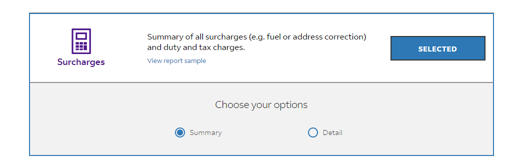 Surcharge summary report showing summary of all surcharges, plus duty and tax charges