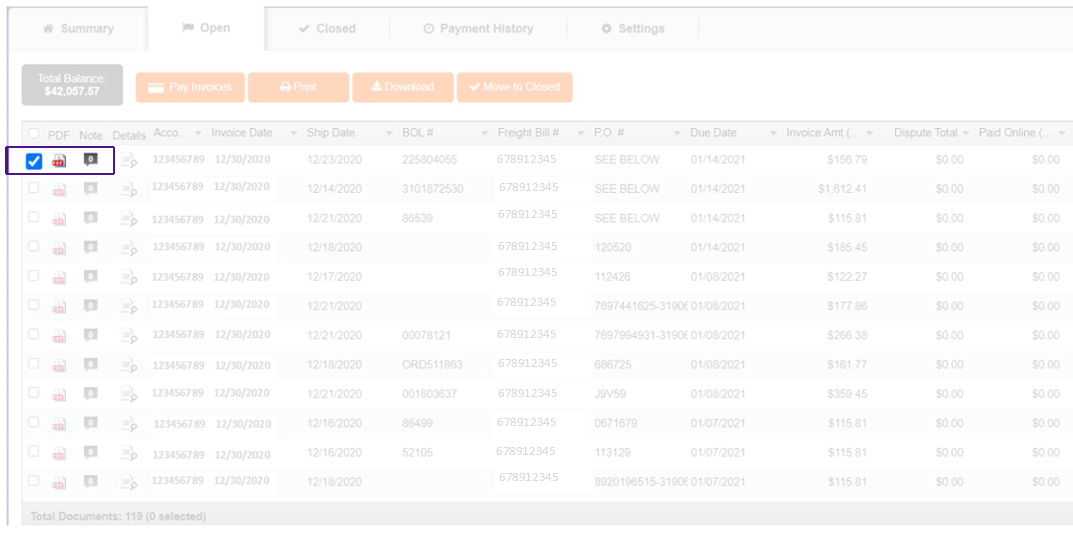 Freight Billing select invoices to print screenshot