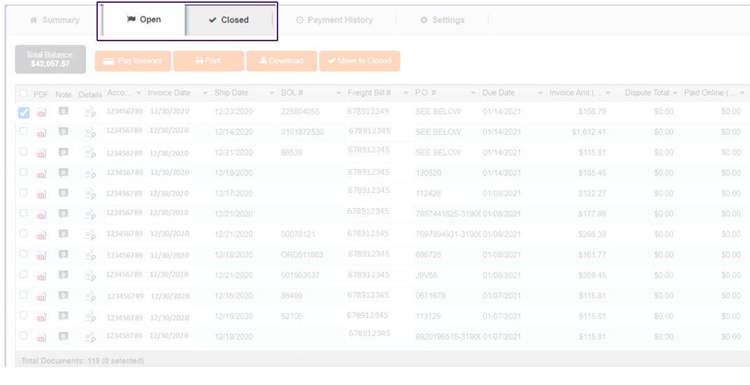  Freight Billing Open account tab