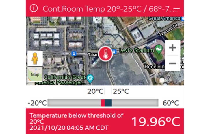 SenseAware screen displaying temperature and location on data.