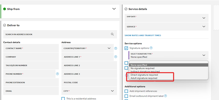 shipping screen - signature options