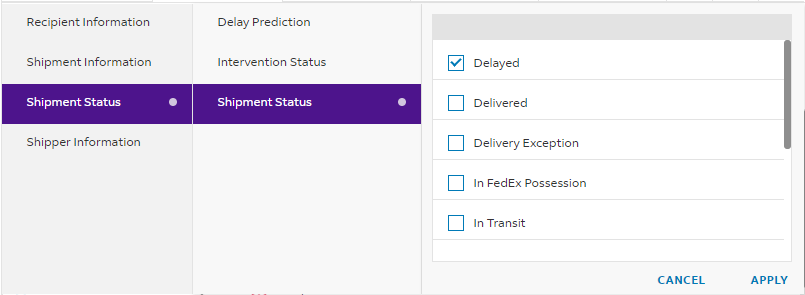 Delayed shipment status filter