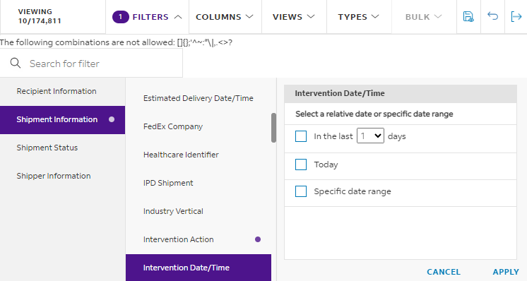 intervention datetime filter