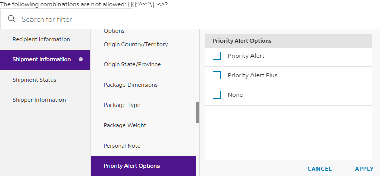 priority alert options filter