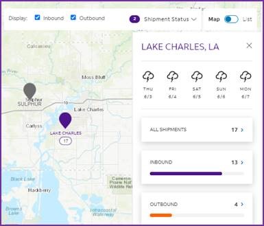 screenshot of weather shipment status flyout