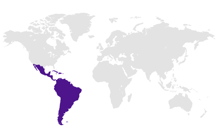 Mapa en el que se resaltan Latinoamérica y el Caribe